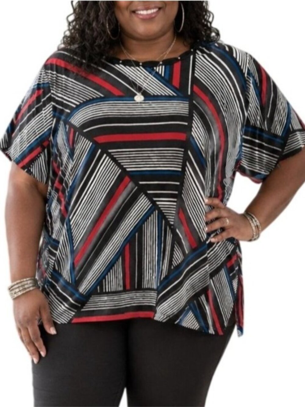 Alfred Dunner Plus Size 3X Top Geometric Stripe Print Red Navy Short Sleeve